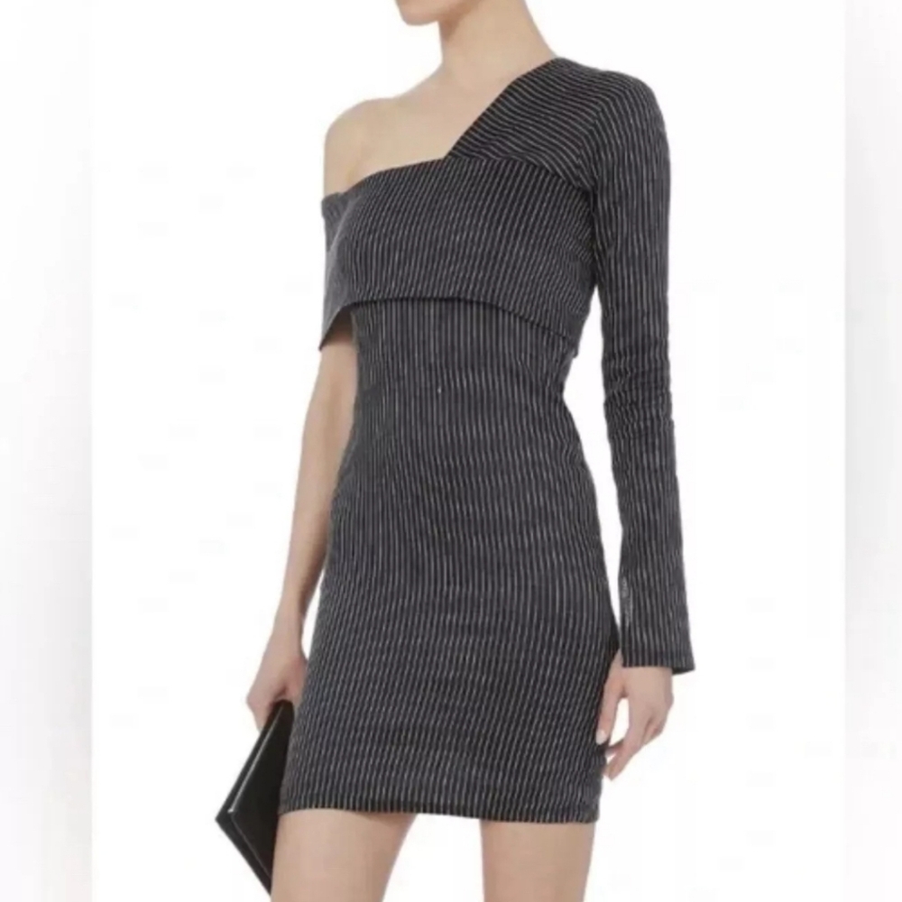 Beaufille Pinstripe One  Sleeve Canopy cotton Linen Blend Stretch Mini dress 0